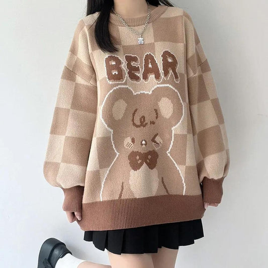 Brown Plaid Bear Knit Sweater