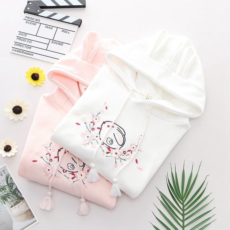 Sakura Bunny Embroidered Hoodie
