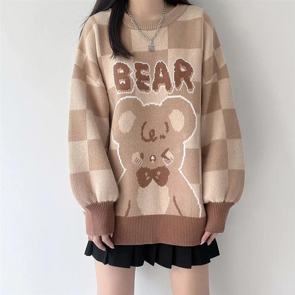 Brauner karierter Bären-Strickpullover