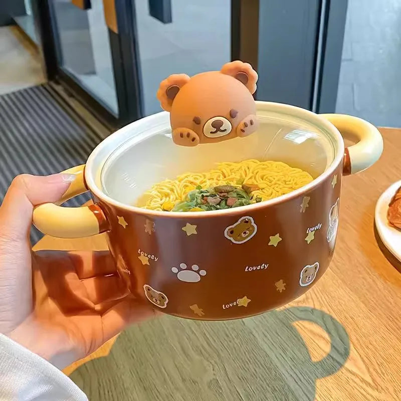 Ceramic Bear Ramen Bowl With Lid