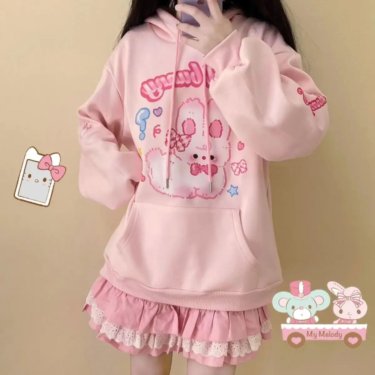 Pink Bunny Print Hoodie