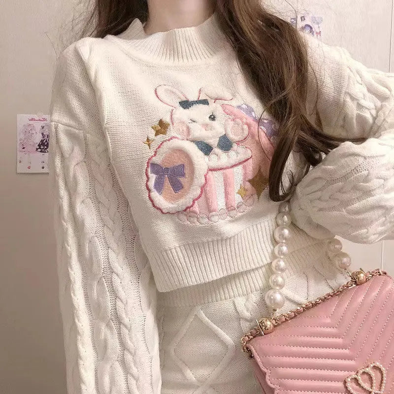 Besticktes Häschen-Strickpullover-Outfit