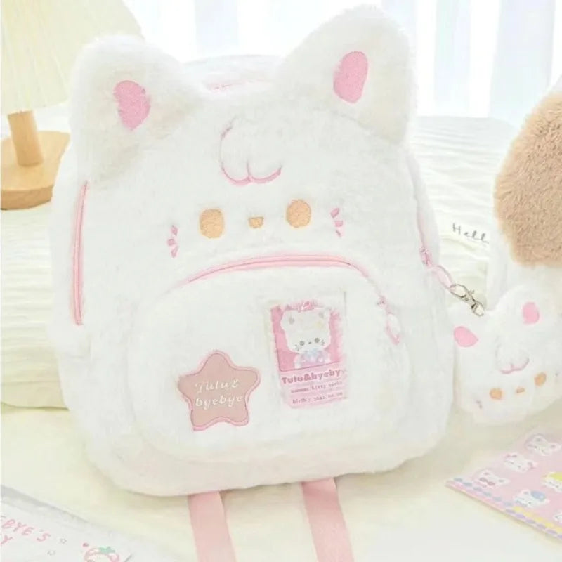 Rosa-weißer Plüsch-Katzenrucksack