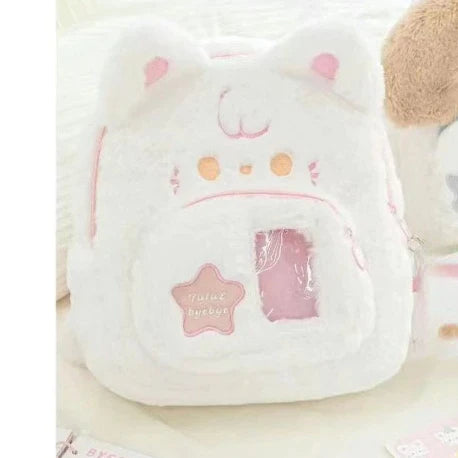 Rosa-weißer Plüsch-Katzenrucksack