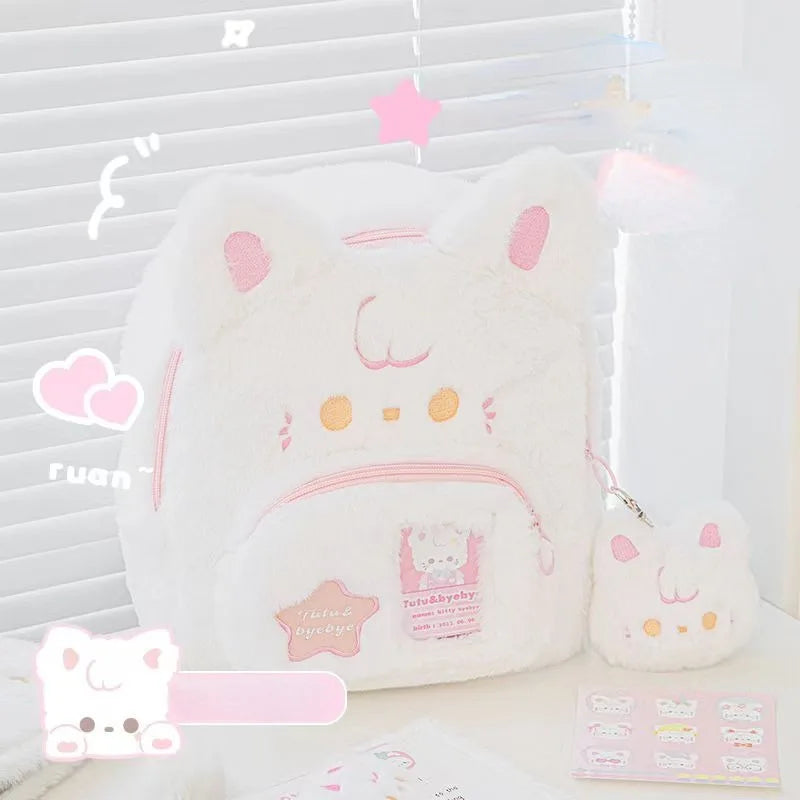 Rosa-weißer Plüsch-Katzenrucksack