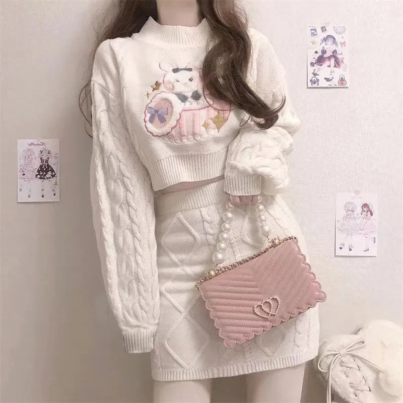 Besticktes Häschen-Strickpullover-Outfit