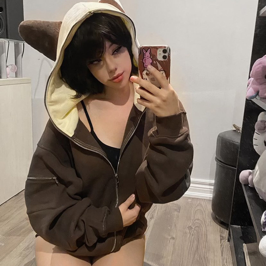 Bunny Hoodie With Plush Ears (CREAM/BROWN)