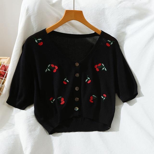 Gestrickter Crop-Cardigan mit Blumenmuster