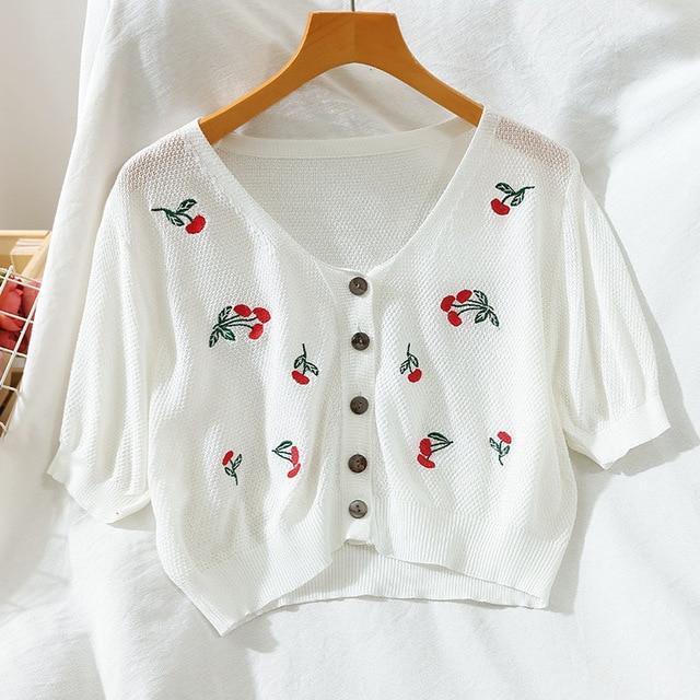 Gestrickter Crop-Cardigan mit Blumenmuster
