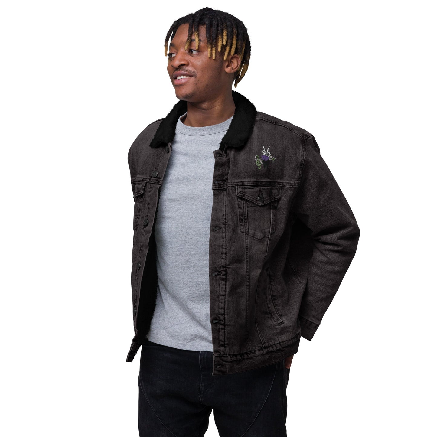 Brook Soul King recycelte bestickte Unisex-Denim-Sherpa-Anime-Jacke