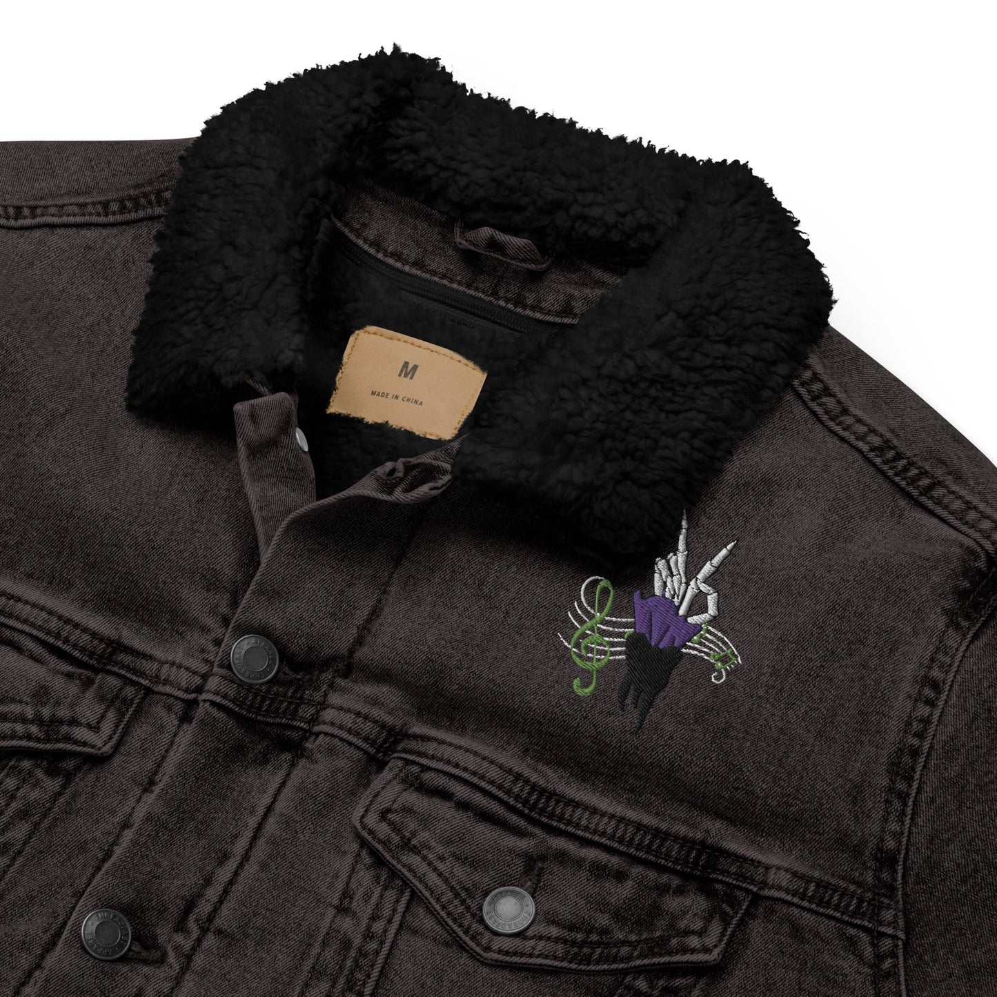Brook Soul King recycelte bestickte Unisex-Denim-Sherpa-Anime-Jacke