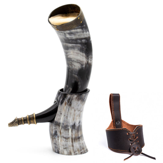 Curved Drinking Horn Bundle with Stand & Holster