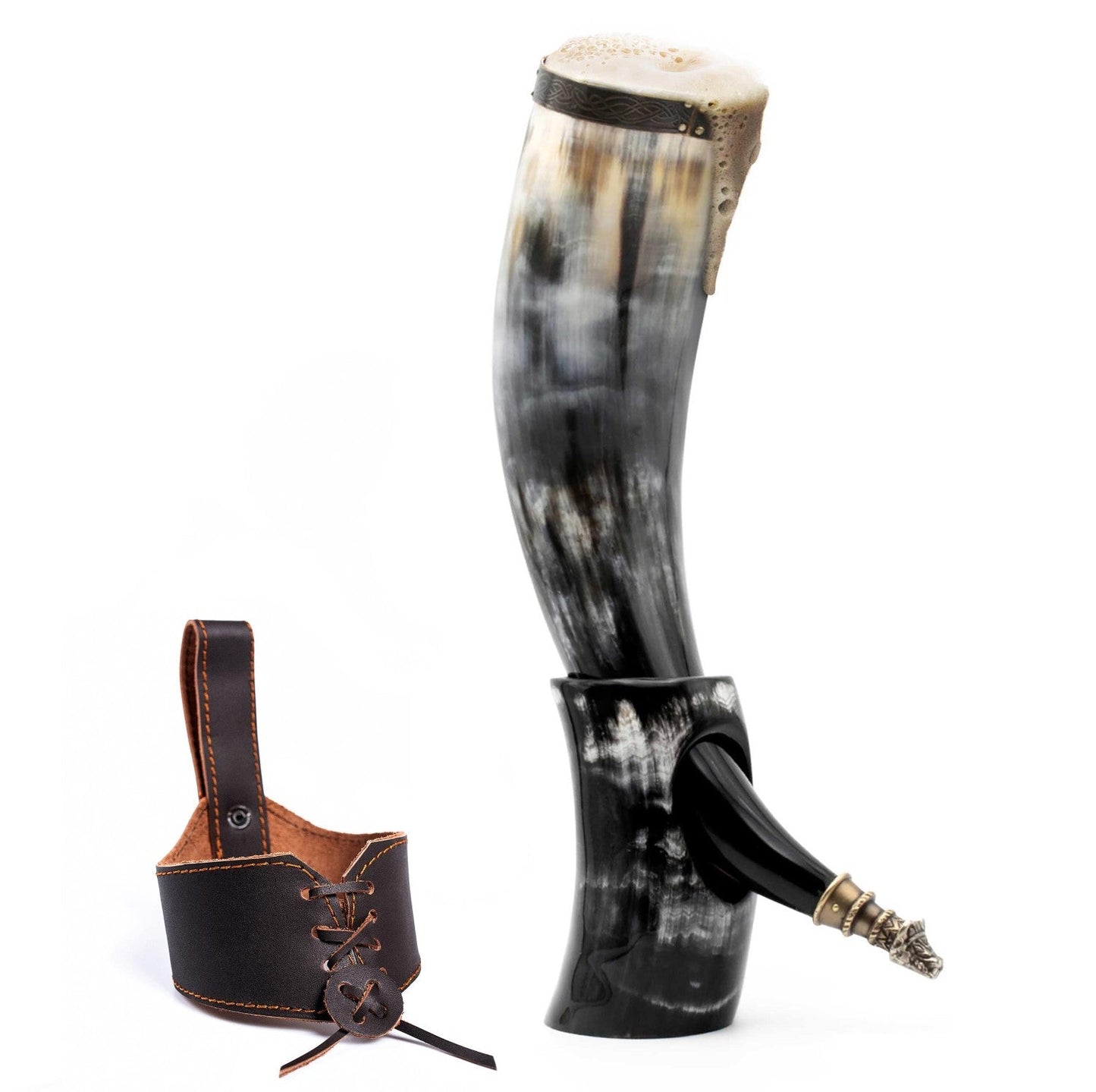 Curved Drinking Horn Bundle with Stand & Holster