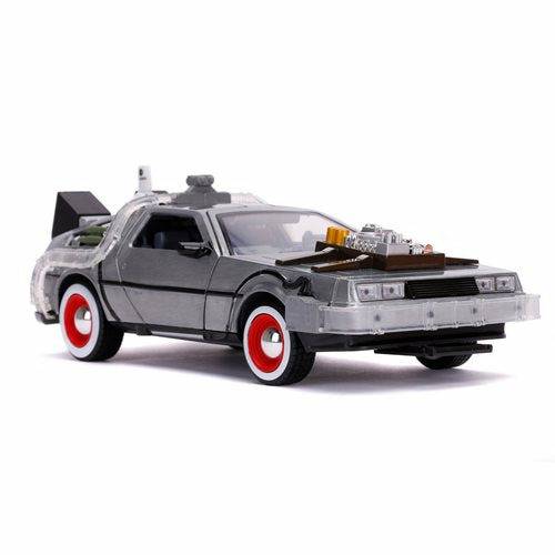 Zurück in die Zukunft Teil III, beleuchtete DeLorean-Zeitmaschine „Hollywood Rides“ aus Druckguss im Maßstab 1:24 
