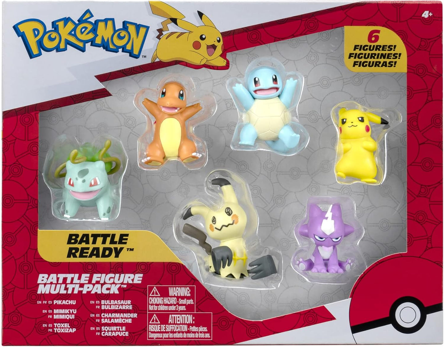 Pokémon Battle Figure 6 Pack-Features 2-Inch Pikachu, Squirtle, Charmander, Bulbasaur, Mimikyu & Toxel