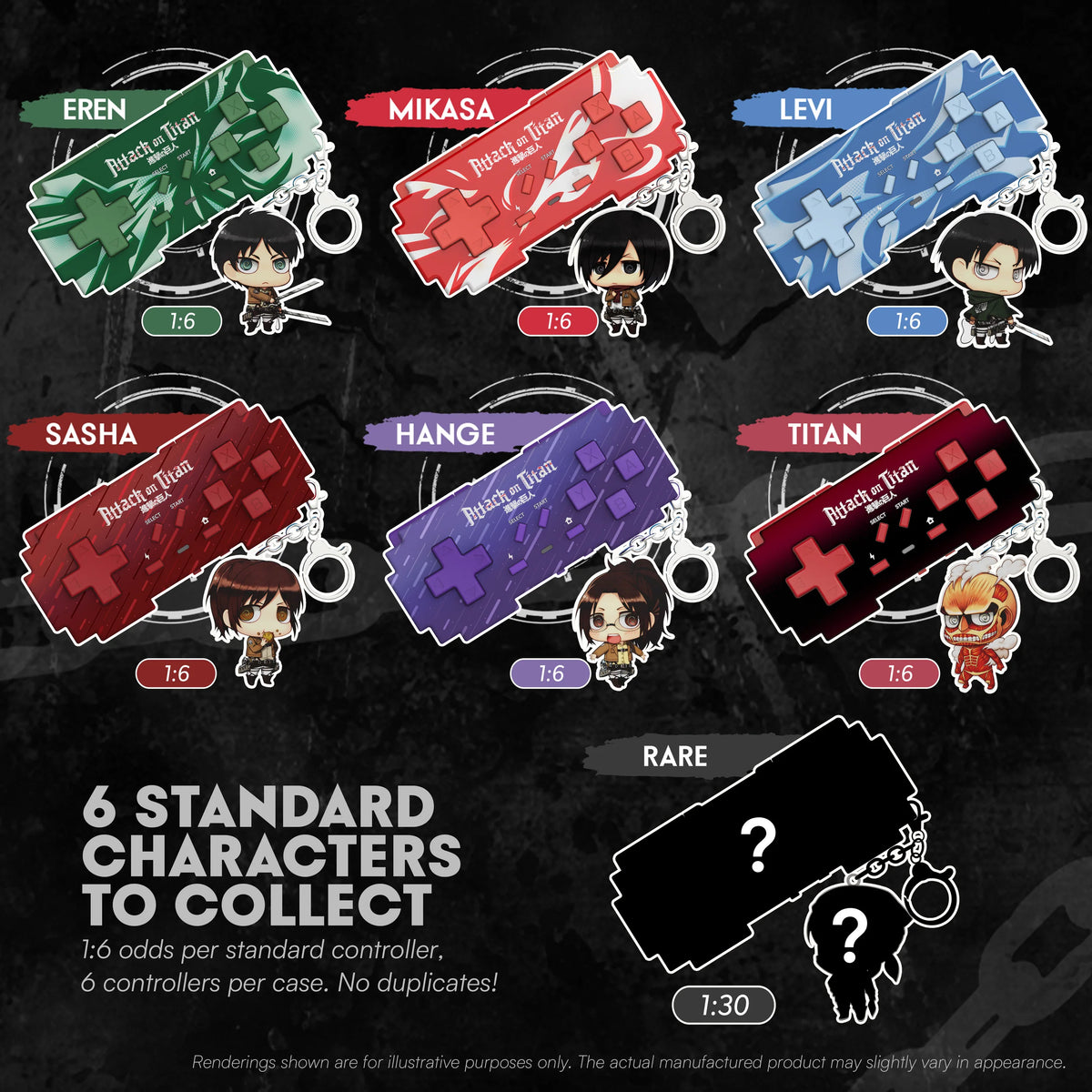 PixelByte Attack on Titan controller assortment with Eren, Mikasa, Levi, Sasha, Hange, Titan and a rare mystery design