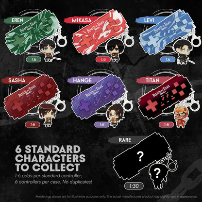 PixelByte Attack on Titan controller assortment with Eren, Mikasa, Levi, Sasha, Hange, Titan and a rare mystery design