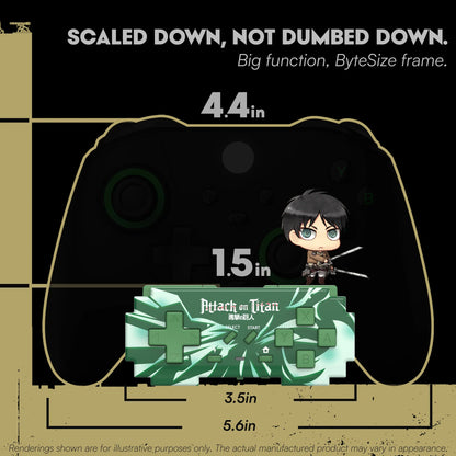 PixelByte mini controller size graphic showing 3.5-inch width and 1.5-inch height beside an Eren charm