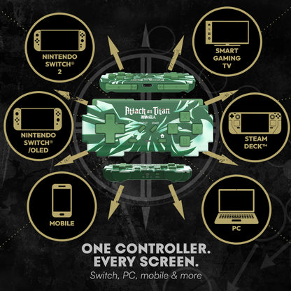 Attack on Titan mini controller compatibility graphic for Switch, Switch 2, PC, mobile, Steam Deck and smart gaming TV