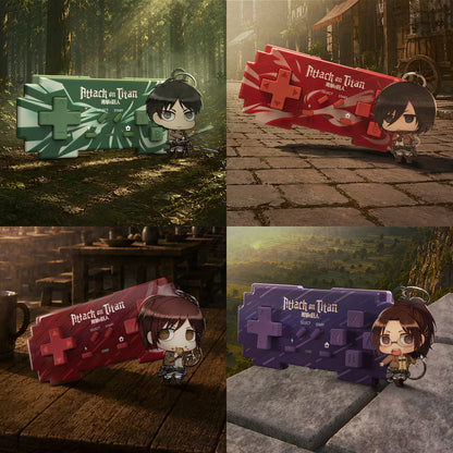 Green Eren, red Mikasa, dark red Sasha and purple Hange mini controllers with matching character charms