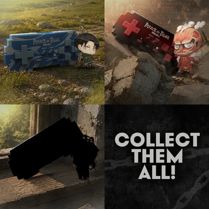 Blue Levi and red Titan mini controllers beside a silhouetted mystery design