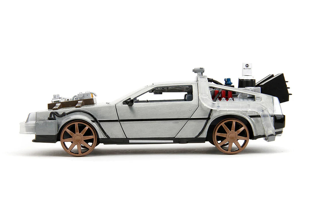 Back to the Future Part III (rail version) die-cast 1:24 scale "Hollywood Rides" light-up DeLorean Time Machine