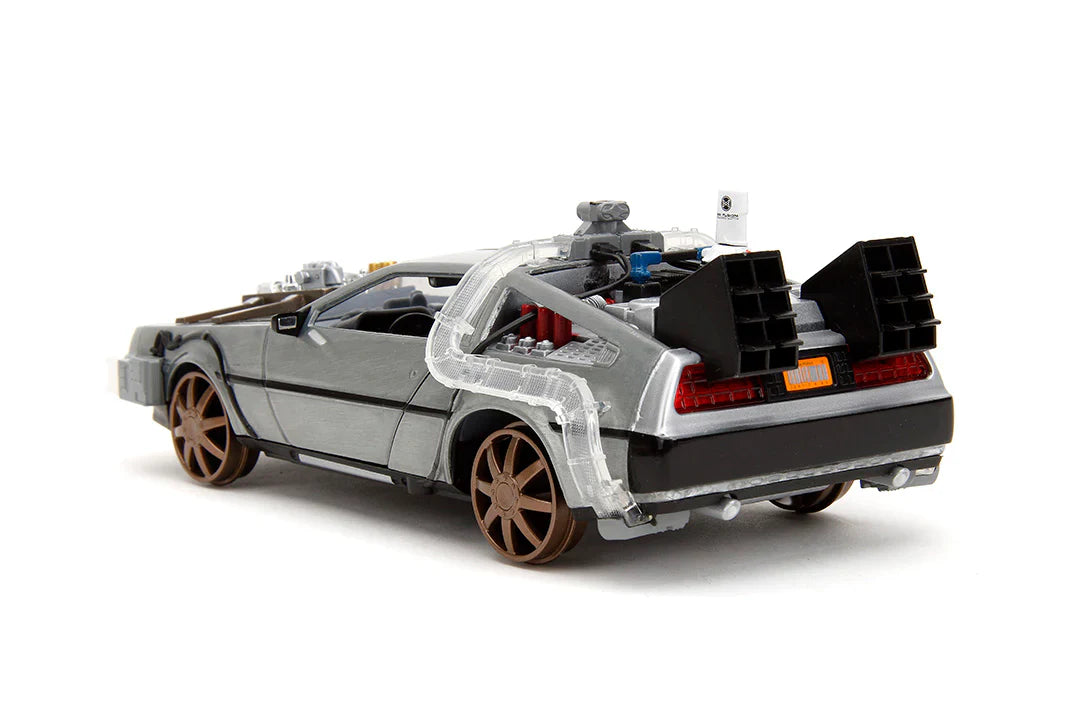 Back to the Future Part III (rail version) die-cast 1:24 scale "Hollywood Rides" light-up DeLorean Time Machine