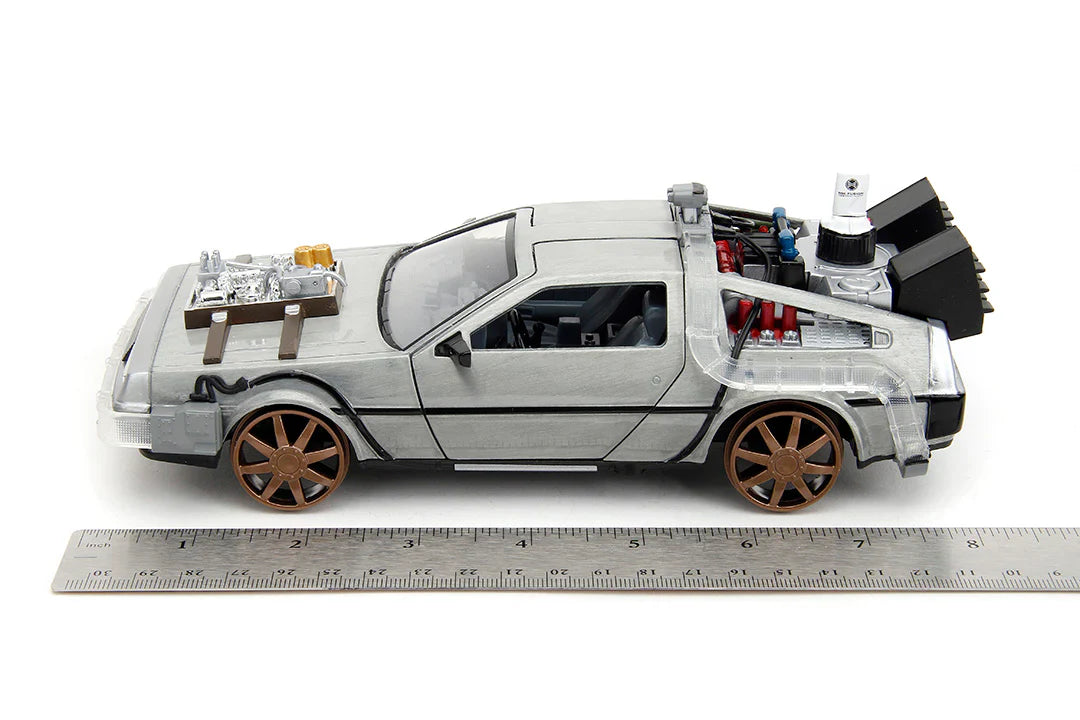 Back to the Future Part III (rail version) die-cast 1:24 scale "Hollywood Rides" light-up DeLorean Time Machine