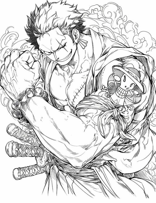 Dynamic Roronoa Zoro Coloring Page – One Piece's Fierce Swordsman