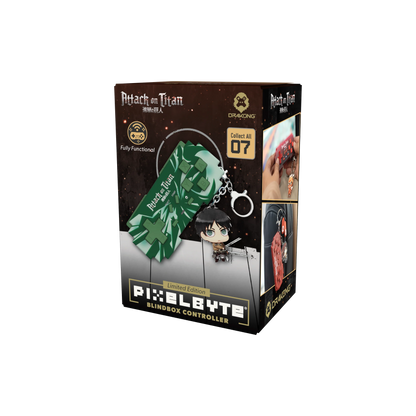 PixelByte Attack on Titan individual blind-box controller packaging with green controller and Eren keychain artwork