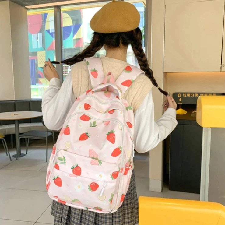 Pastel Strawberry Print Backpacks