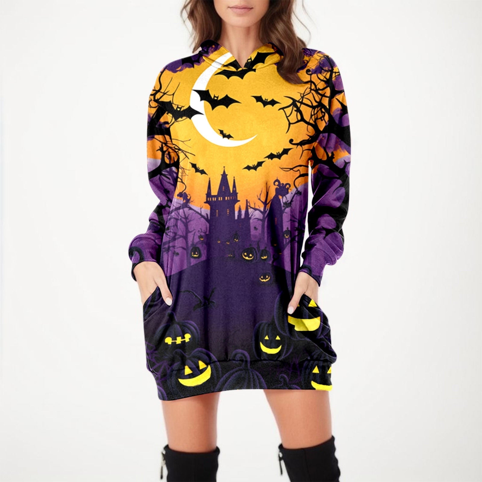 Halloween Print Hoodie Dress Super Anime Store