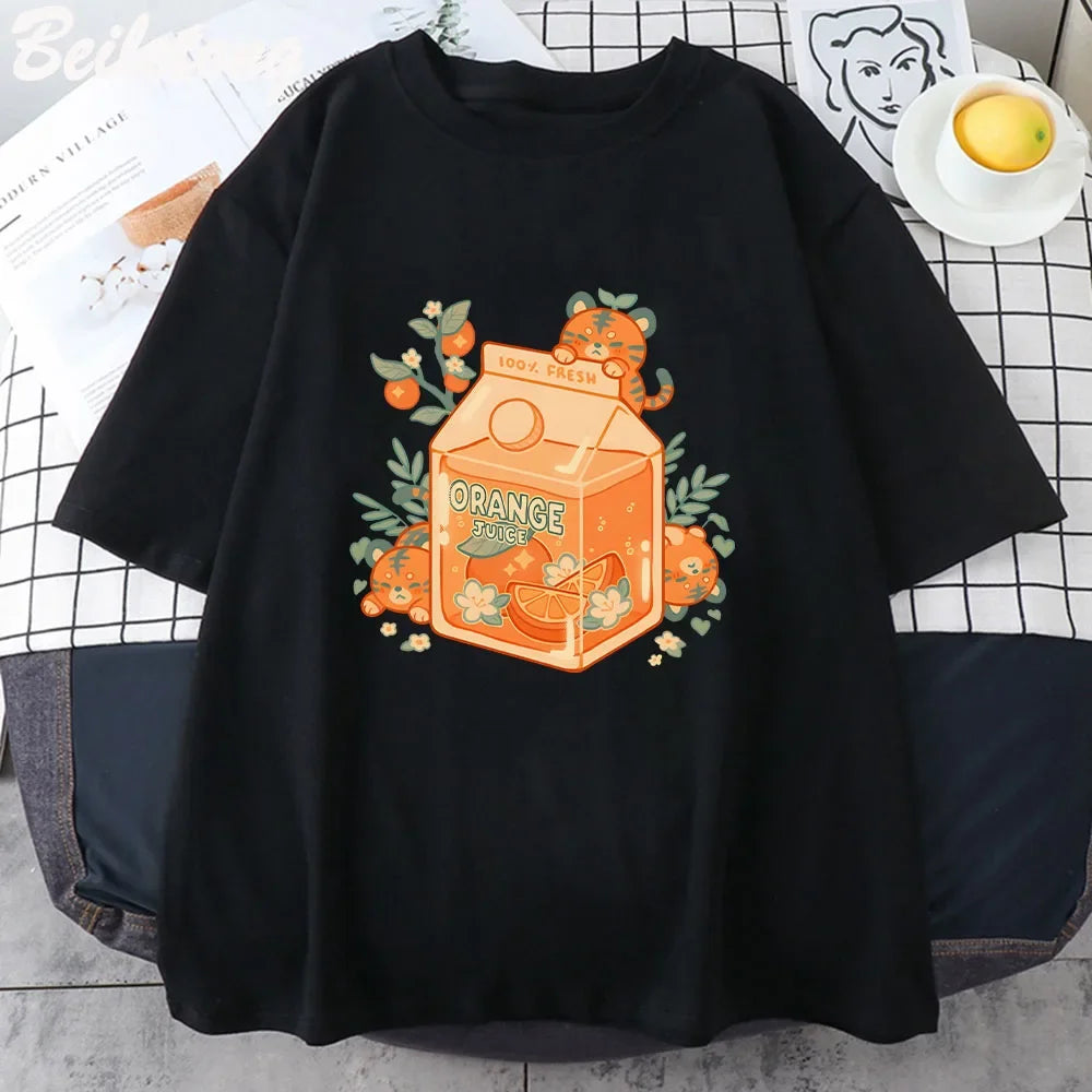 Kawaii Tiger Orange Juice T-Shirt