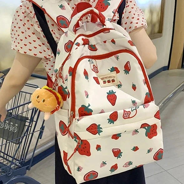 White and Red Strawberry Print Backpack