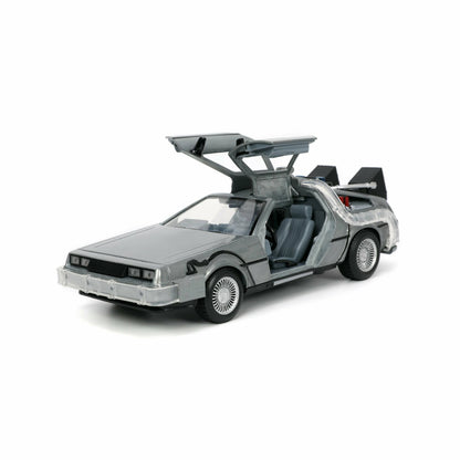 Zurück in die Zukunft, beleuchtete DeLorean-Zeitmaschine „Hollywood Rides“ im Maßstab 1:24 aus Druckguss 