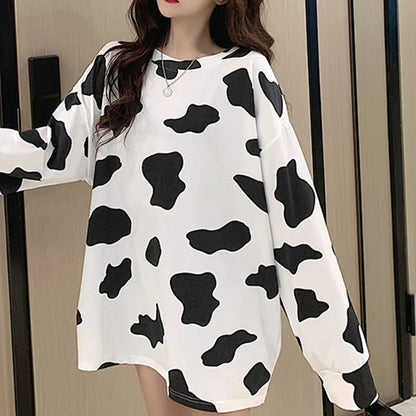 Long Sleeve Loose Cow Print Top