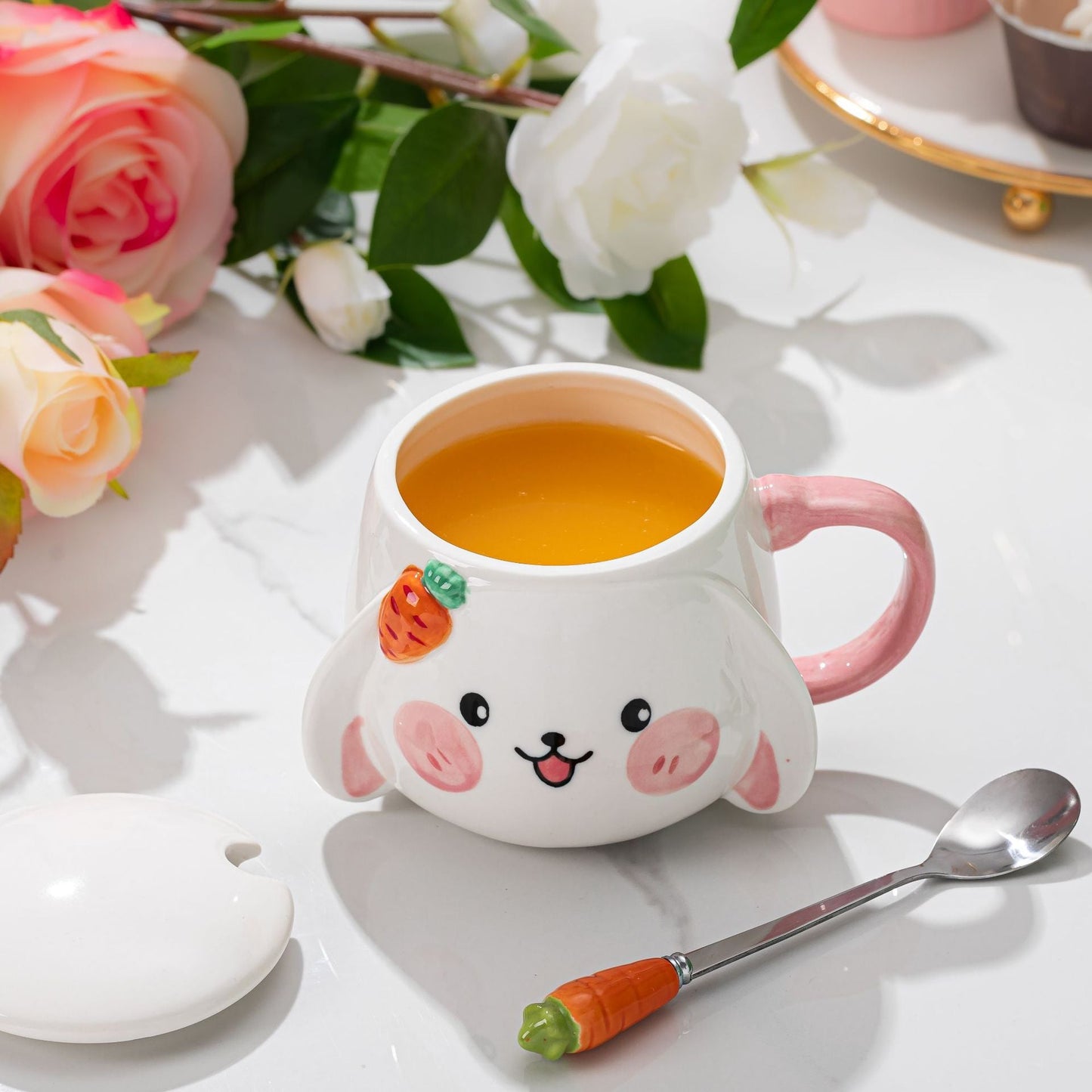 Ceramic Bunny Mug With Lid & Carrot Spoon