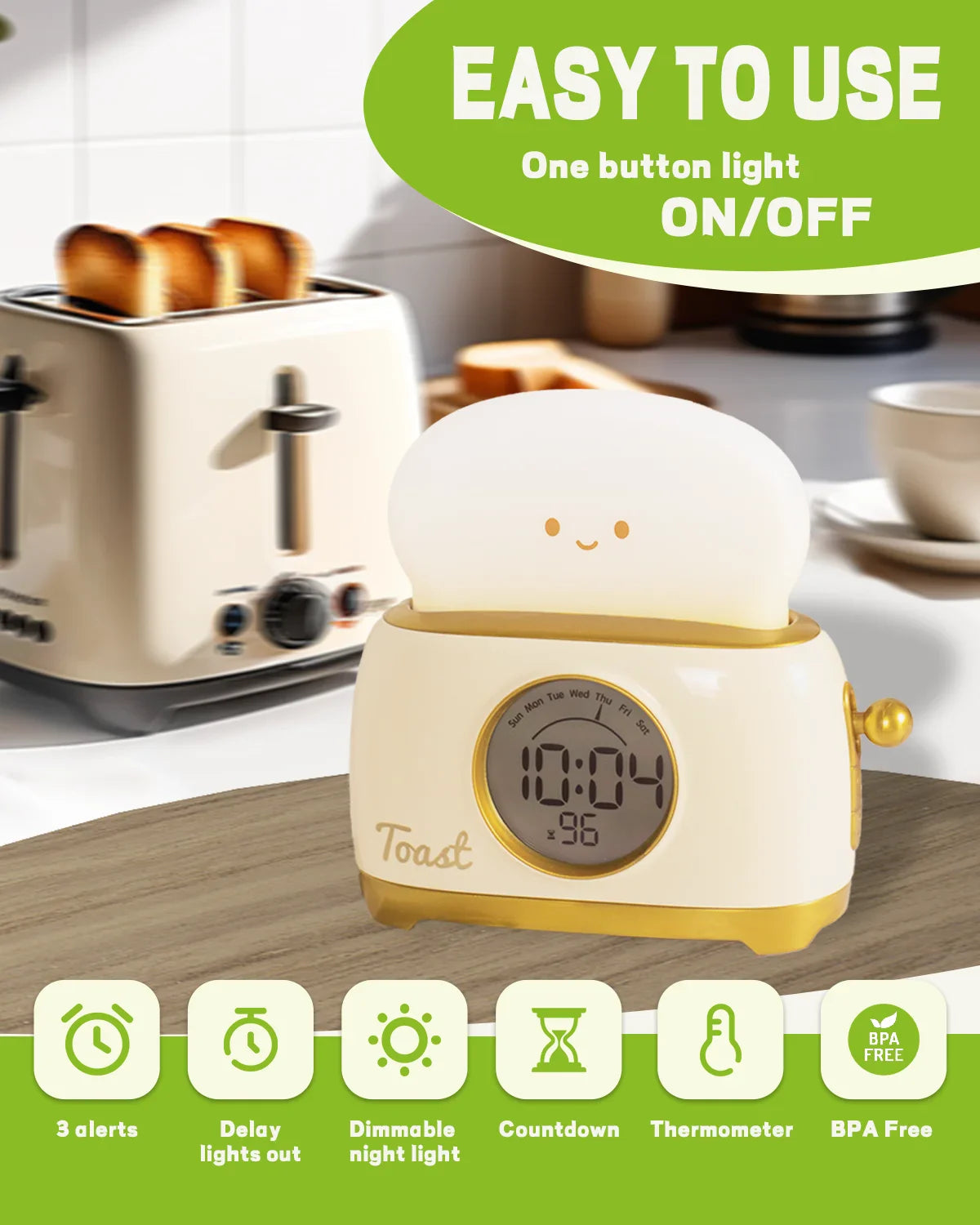 Kawaii Toaster Night Light Alarm Clock