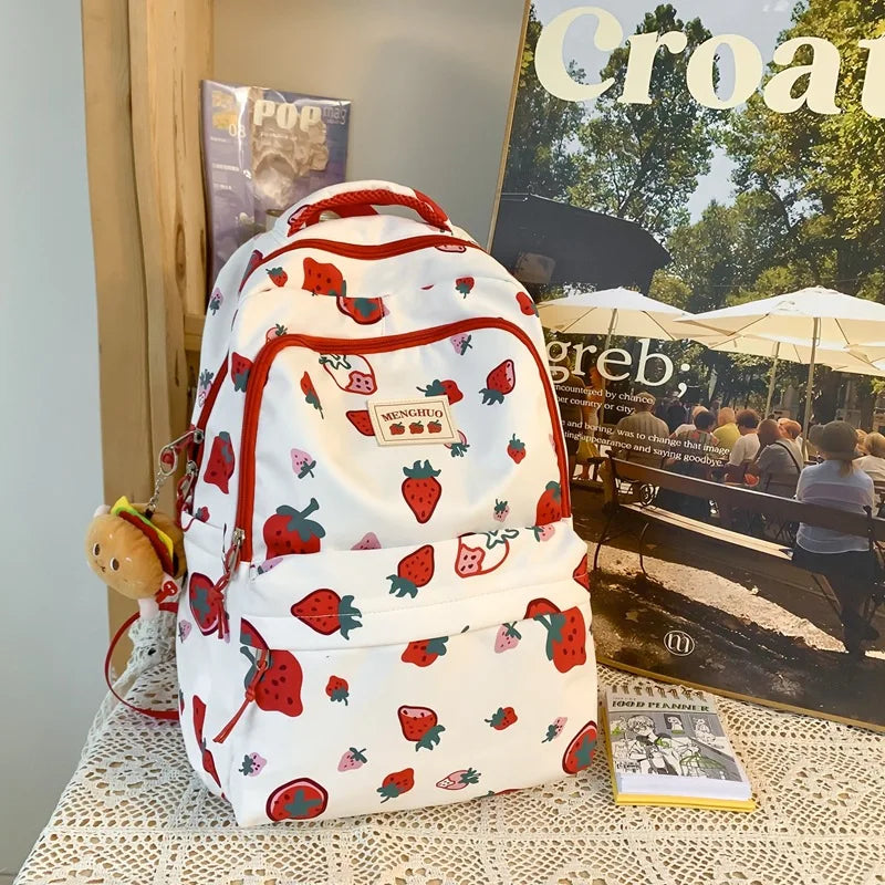 White and Red Strawberry Print Backpack