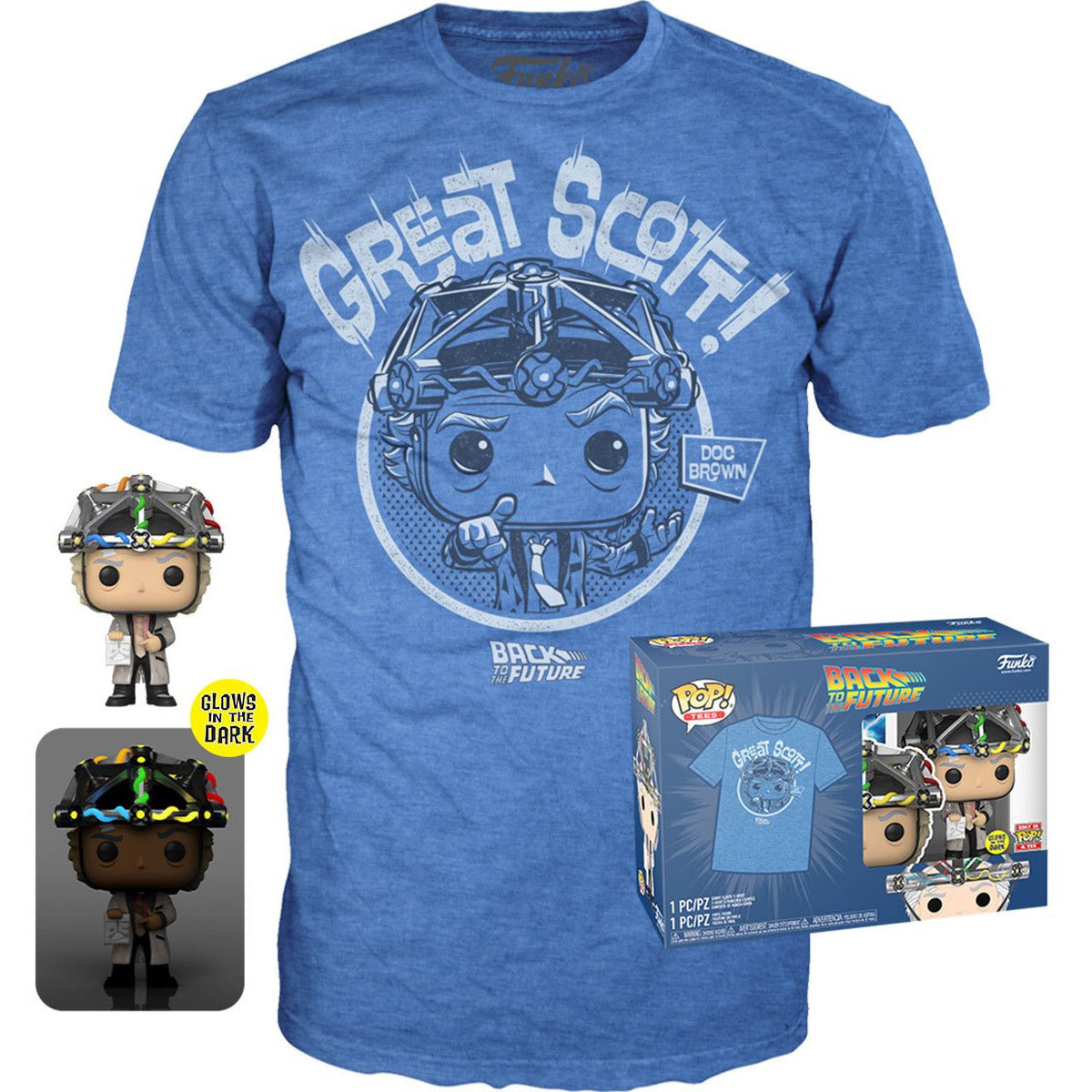 Funko POP! T-Shirts – Zurück in die Zukunft „Glow in the Dark“ Pop Vinyl Doc Brown mit Helm, plus Unisex-T-Shirt