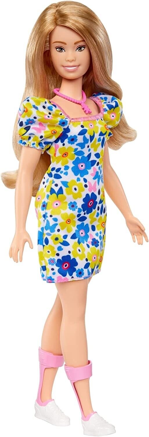 Barbie Doll Fashionista #208 Blonde Floral Dress Blue Yellow Down Syndrome